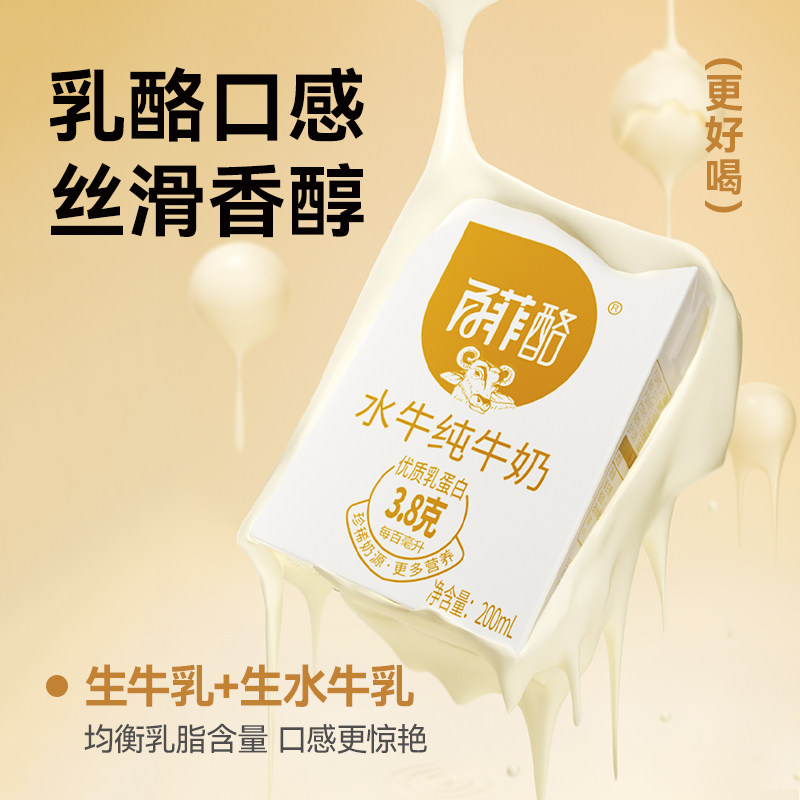广西百菲酪水牛纯牛奶3.8g蛋白200ml*12盒整箱营养纯牛奶