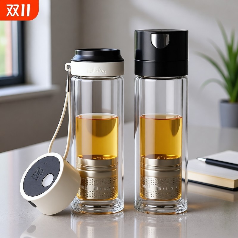 磁弹一键开盖杯磁吸仓玻璃杯双层泡茶杯按压开启速开茶水分离杯子