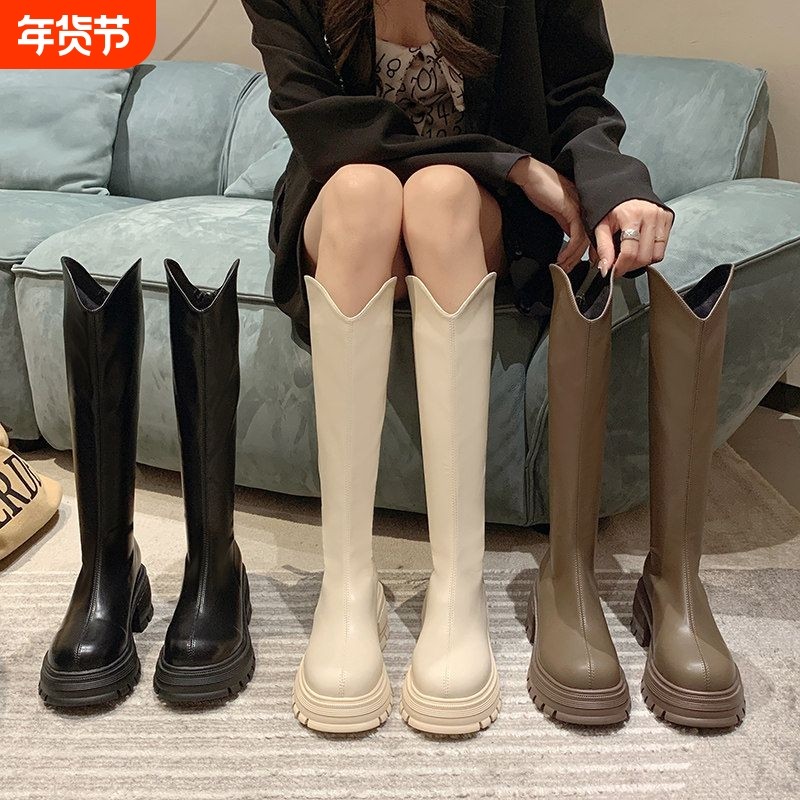 幂琳长筒靴女春秋季小个子圆头高筒骑士靴厚底v口中跟粗跟瘦平口,女鞋,骑士靴,淘宝优惠券,粉丝福利购,淘宝优惠卷