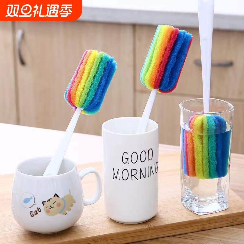 七彩长柄百洁布杯刷洗杯子海绵刷清洁玻璃奶瓶刷子神器刷子刷杯器