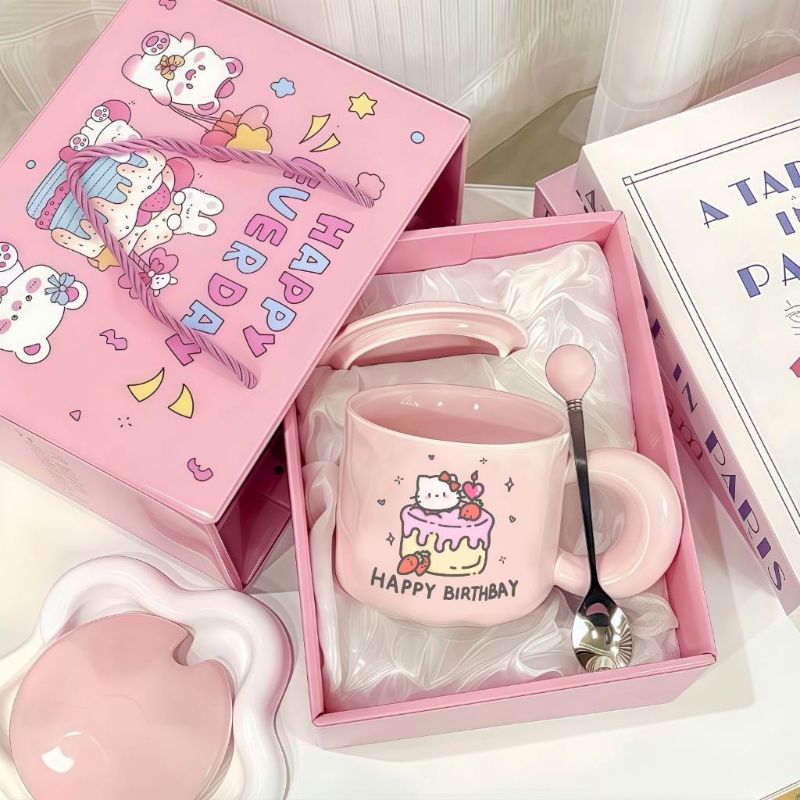 可爱fufu生日蛋糕马克杯带盖勺陶瓷杯送女生高颜值实用生日礼物