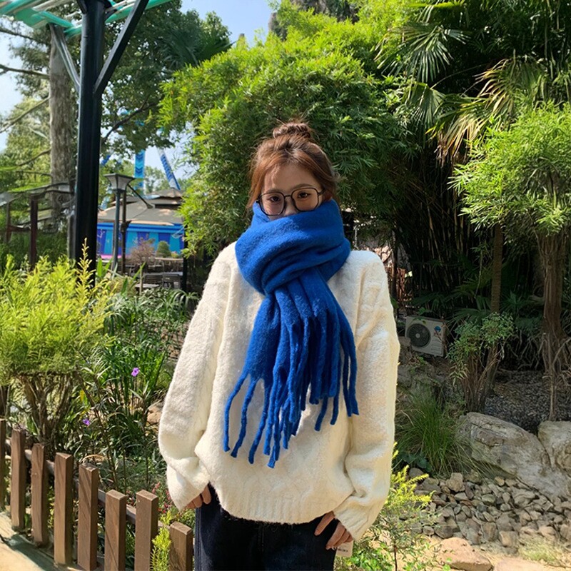 双面加厚款女士蓝色围巾2025秋冬季男韩系氛围感冬天保暖围脖