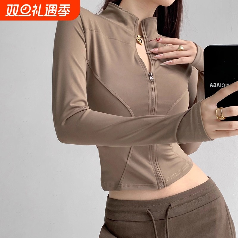 拉链修身长袖速干瑜伽服上衣春秋季紧身拼缝收腰健身立领瑜伽外套