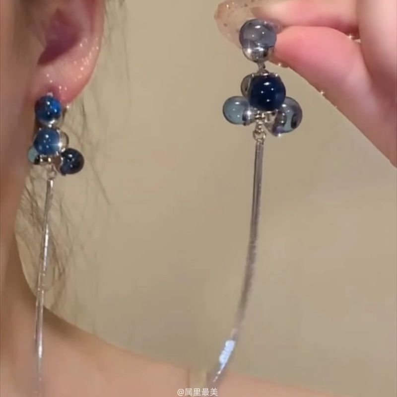 轻奢蓝珠复古流苏耳环女克莱因小众巨显白长款高级感国风显瘦耳饰