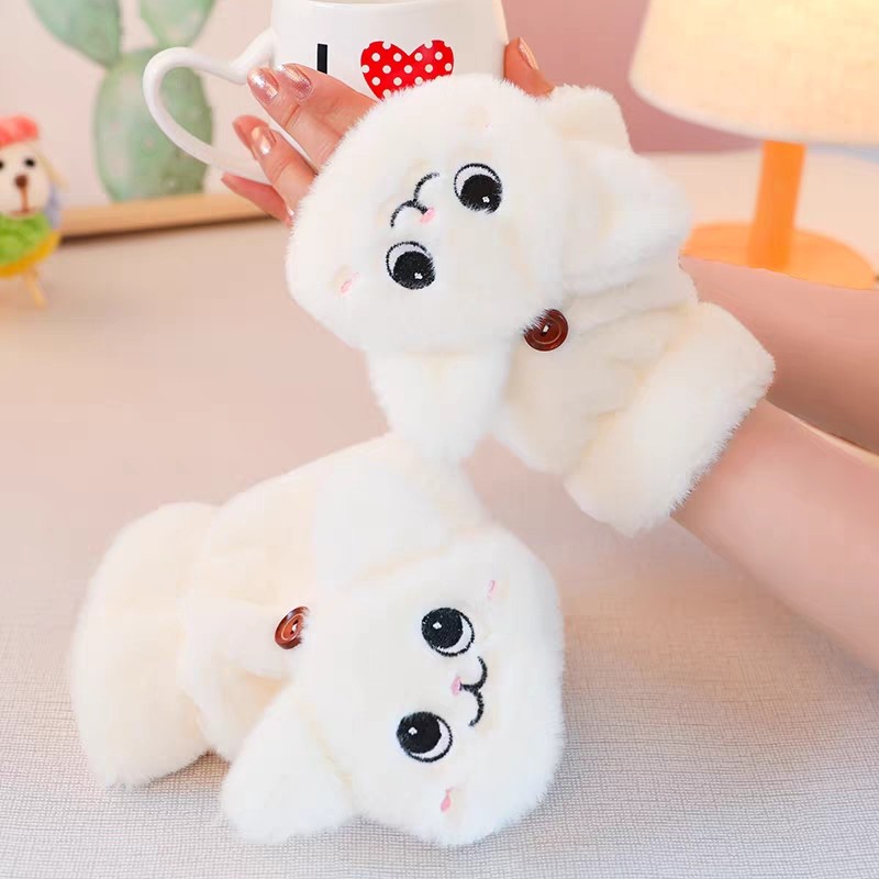 手套女士秋冬季可爱卡通保暖加绒加厚学生女翻盖半指防寒成人暖手