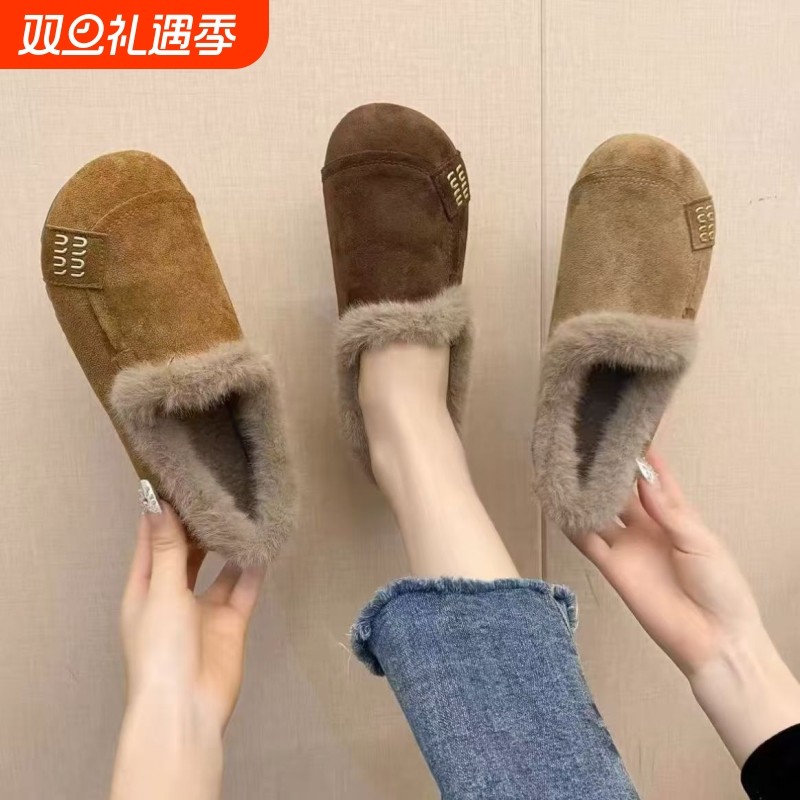 2025冬季新款复古平底浅口加绒保暖豆豆鞋一脚蹬软底防滑勃肯棉鞋