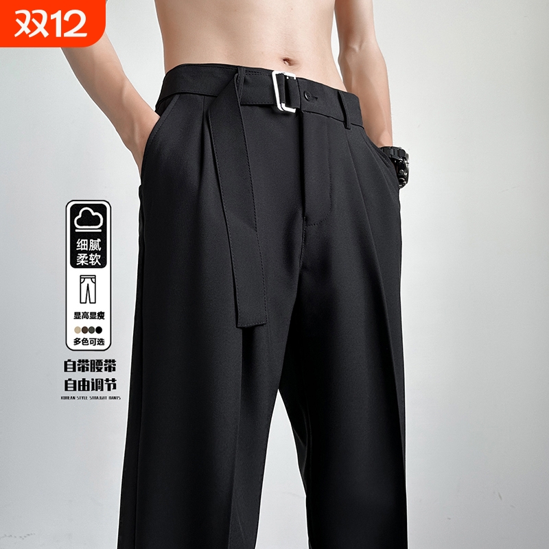 冰丝夏季男士休闲裤直筒宽松高街西裤阔腿裤垂感运动腰带西装裤