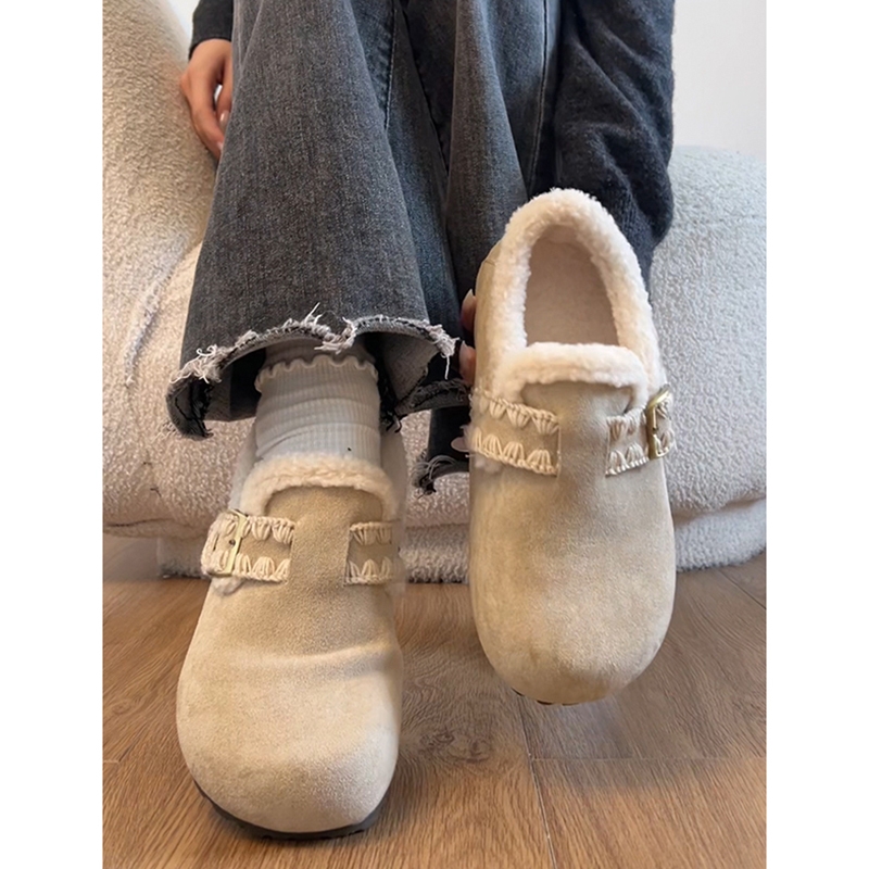 Misscat加棉加绒舒适保暖平底棉鞋女款冬季一脚蹬勃肯鞋毛绒棕色