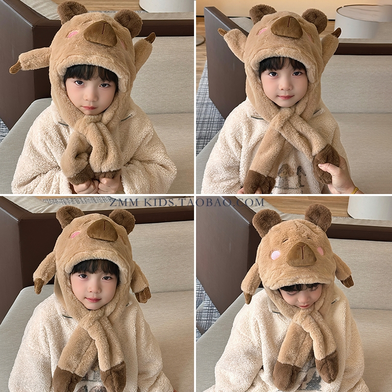 卡皮巴拉帽子围巾一体儿童捏耳朵会动的2025新款冬季男孩围脖冬天