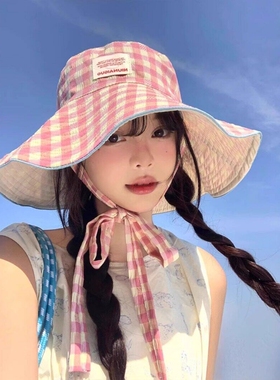 双面渔夫帽女夏季大帽檐遮阳帽子防晒盆帽格子绿色蓝色红色粉色