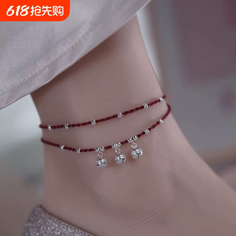 宫铃脚链S925纯银铃铛有声会响红绳手工编织双层2026新款潮足