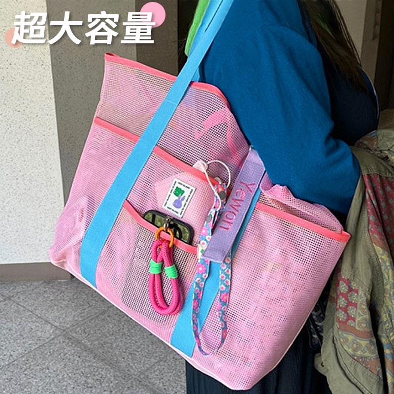 韩国新款沙滩包大容量健身泳衣收纳袋户外便携单肩折叠手提网格包