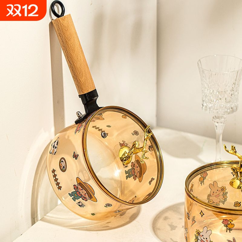 高颜值耐热小鹿头玻璃奶锅带盖把手家用印花高硼硅泡面锅辅食煮锅