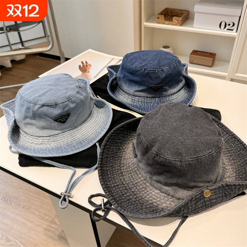 水洗牛仔户外登山帽女日系徒步大头围渔夫帽遮阳防晒西部牛仔帽子