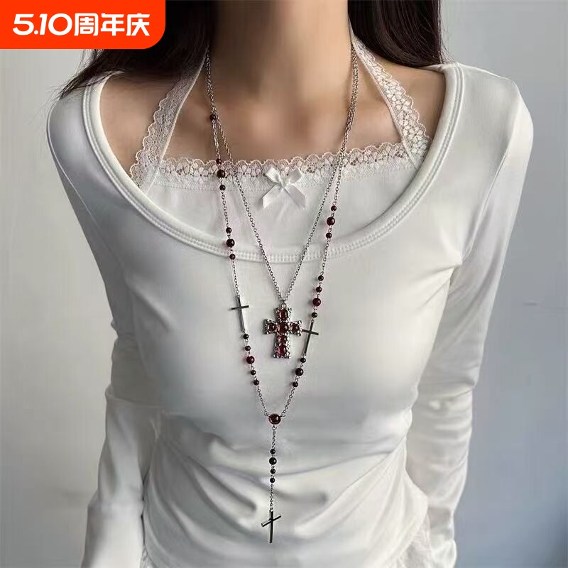 欧美时尚哥特辣妹y2k长款红色串珠十字架叠戴项链毛衣链个性配饰