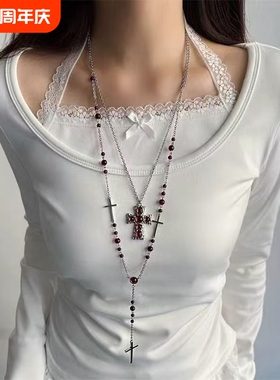 欧美时尚哥特辣妹y2k长款红色串珠十字架叠戴项链毛衣链个性配饰