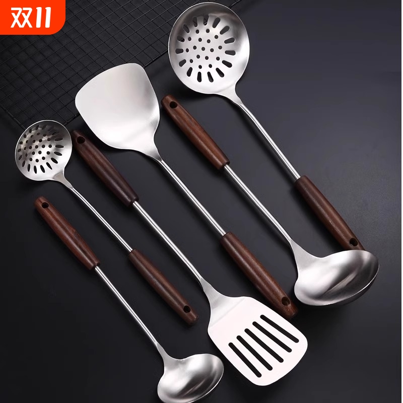 加厚不锈钢炒菜铲子锅铲汤勺厨房家用木柄炒勺漏勺厨具套装手柄