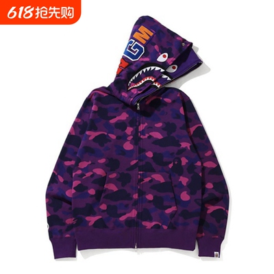 潮牌APE连帽卫衣双帽开衫拉链冬高版本SHARK APE鲨鱼迷彩外套亲子
