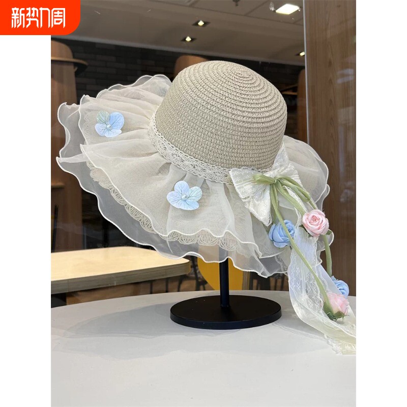 夏季蕾丝草帽法式帽子遮阳太阳帽海边沙滩防晒遮阳帽白色可折叠