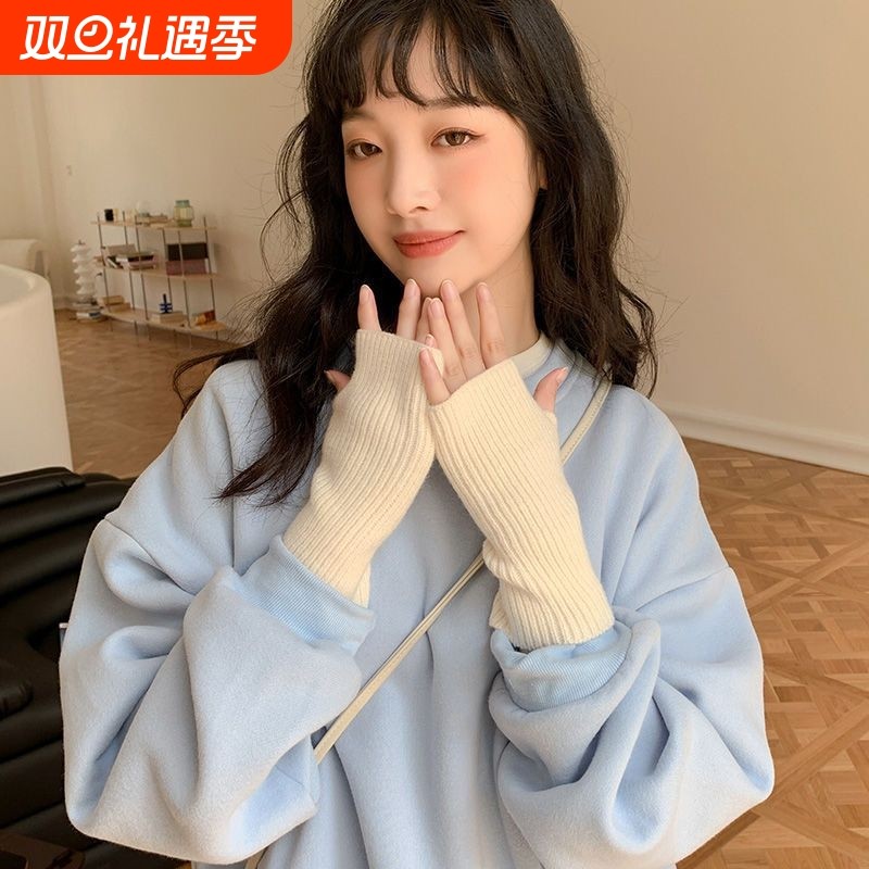 韩国ins秋冬毛线防寒手套女露指学生保暖触屏加厚针织半指写字