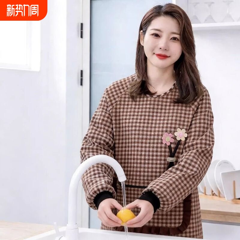 围裙女外穿时尚新款棉布长袖罩衣厨房家用做饭围腰上班工作服防油
