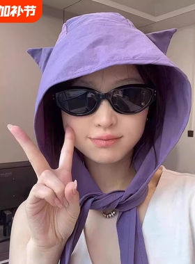 日系小恶魔速干绑带防晒帽子女夏季薄款巴拉克拉法帽大头围潮黑色