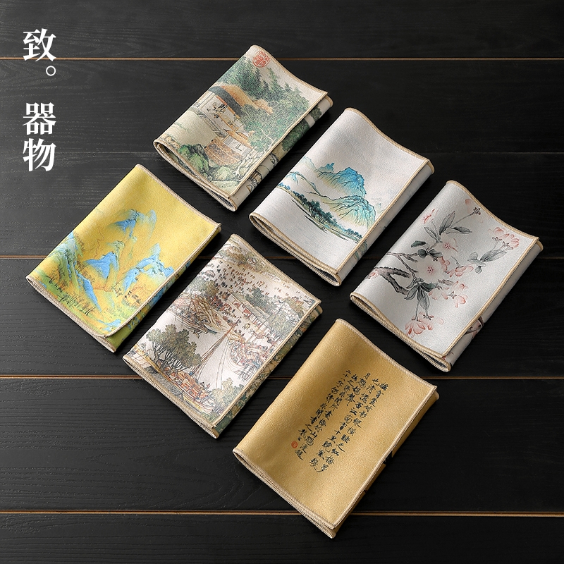 麂皮绒吸水茶巾轻奢中式图案