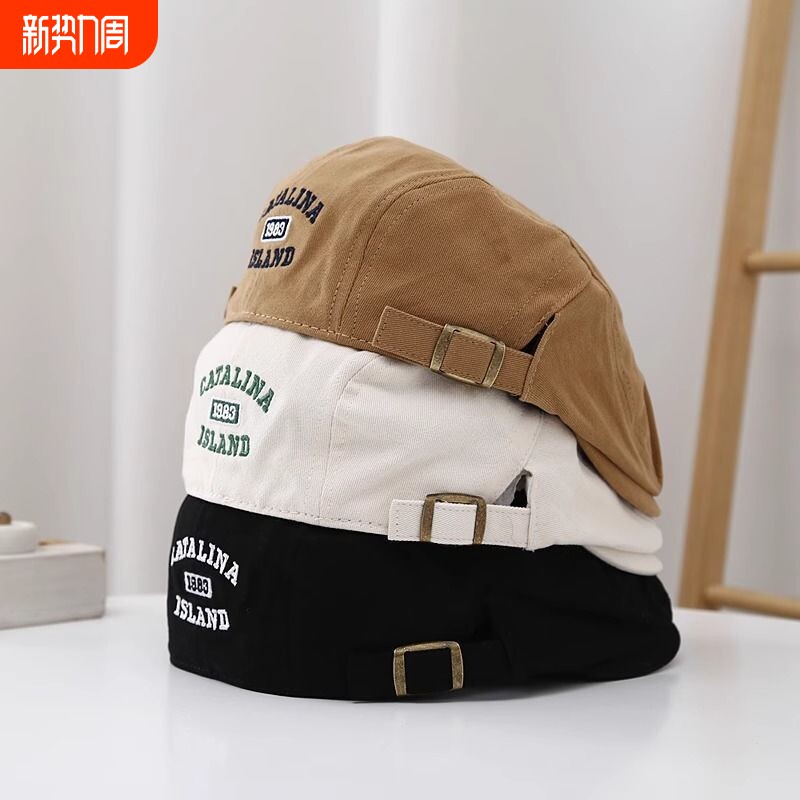 日系反戴儿童洋气前进画家春秋季宝宝刺绣鸭嘴字母帽子贝雷帽复古