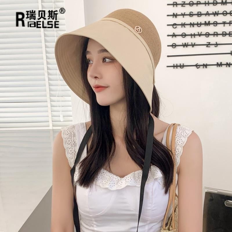 帽子女夏百搭遮阳水桶帽防晒渔夫帽防紫外线遮脸撞色草编太阳帽潮