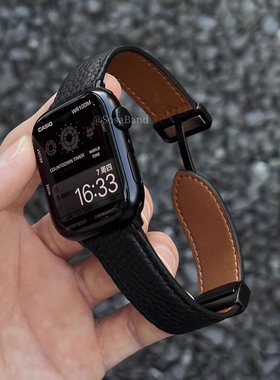 适用iwatchs11手表带s10荔枝纹真皮s7磁吸扣s9苹果s6手表链5的小众applewatchs8男女款se3腕带秋冬皮革白色