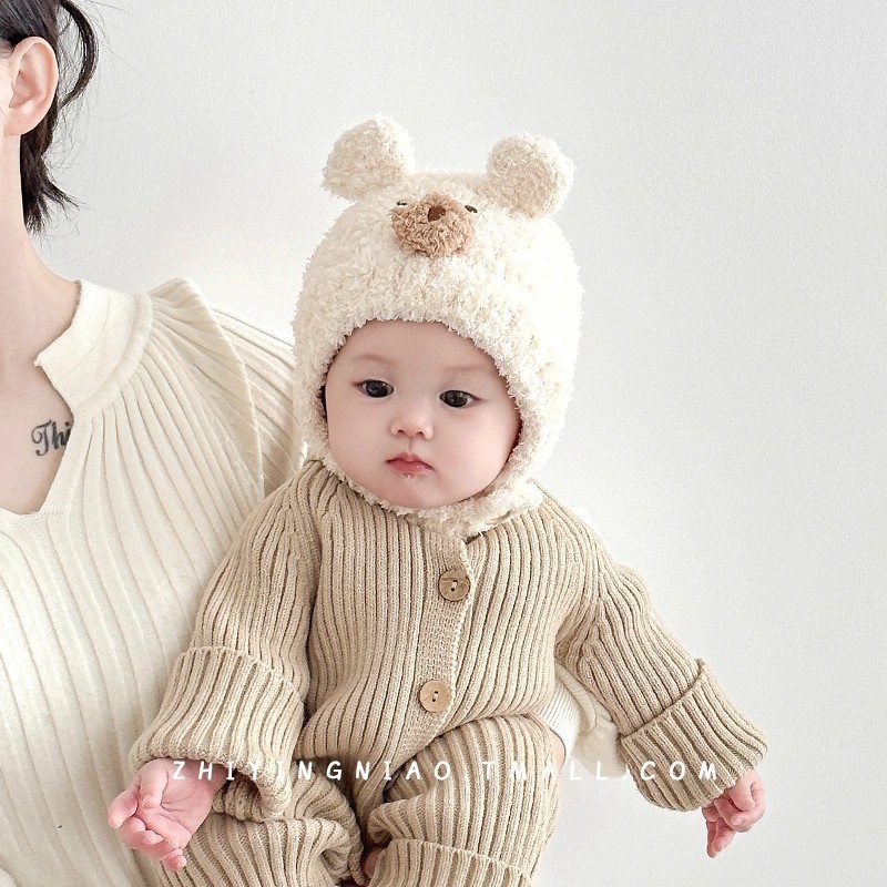婴儿帽子秋冬季可爱男宝宝保暖护耳帽婴幼儿毛线帽小月龄冬季超萌