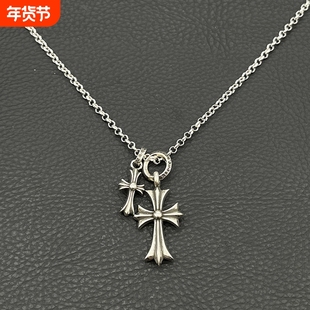 ODEK高级感复古圆环双十字架项链男女十字花吊坠经典款毛衣链女友