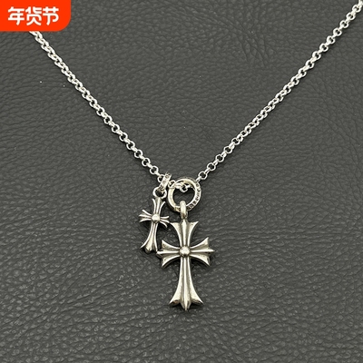 ODEK高级感复古圆环双十字架项链男女十字花吊坠经典款毛衣链女友