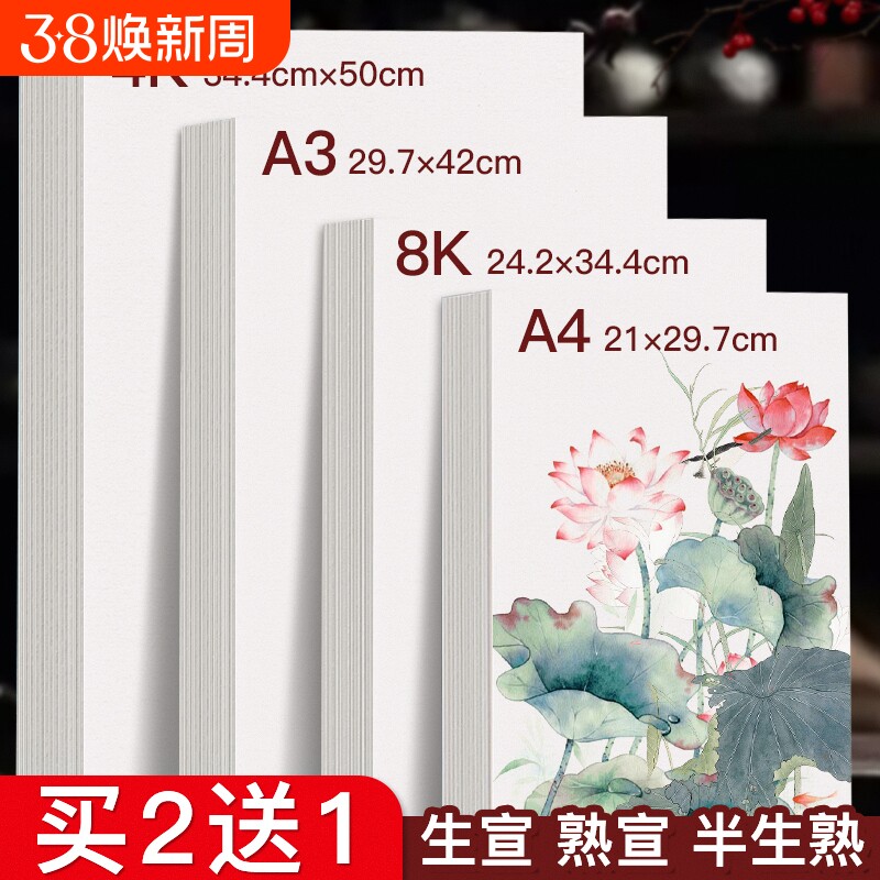 空白宣纸练毛笔字书法国画创作专用作品纸生宣熟宣半生熟加厚宣纸练习纸初学者书画套装书法课美术课用4k宣纸