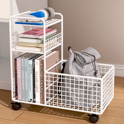 可移动桌下置物架铁艺带滑轮收纳筐桌底书包书本收纳架多层小推车