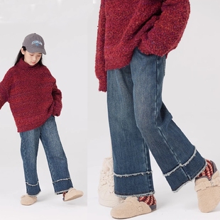 秋冬阔腿裤 女童牛仔裤 子儿童装 中大童宽松直筒百搭休闲裤 加绒新款
