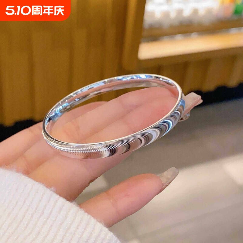 幂琳猫眼银手镯女纯银9999足银拉丝闭口实心银镯子小众设新款蝴蝶