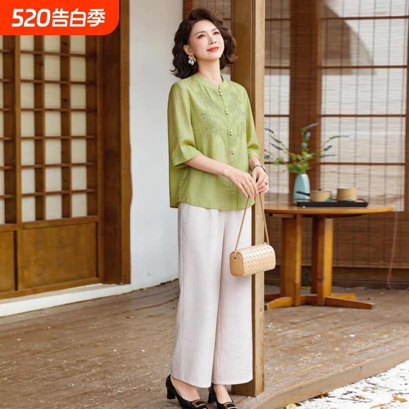 母亲节妈妈夏季套装中老年人女装上衣服中年洋气七分袖小衫两件套