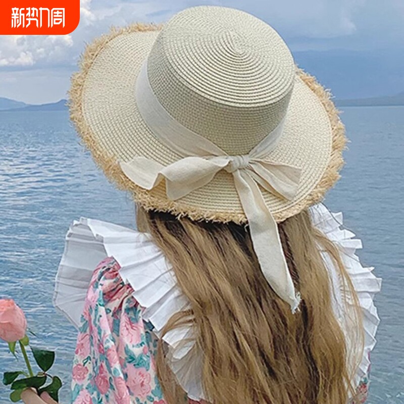 日系草帽飘带蝴蝶结太阳帽子女海边度假沙滩帽平顶礼帽旅行可折叠