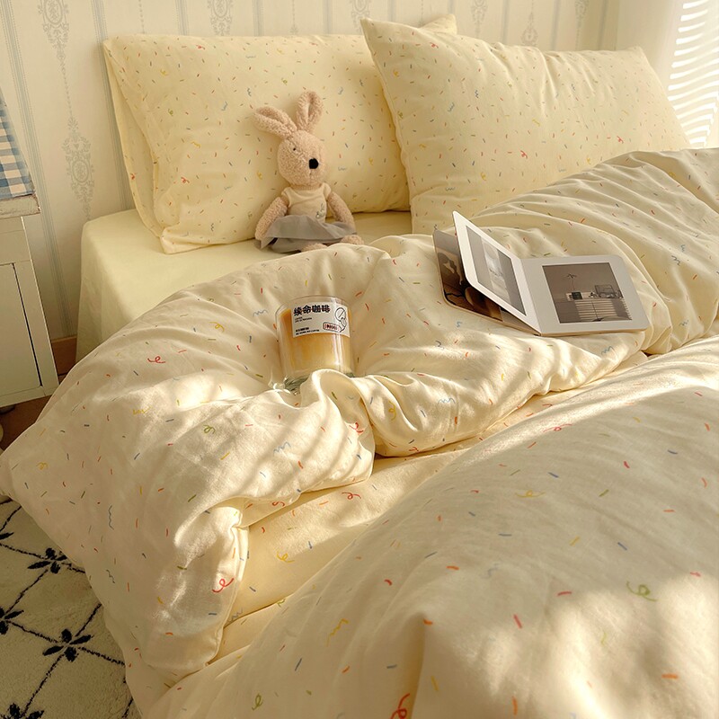 奶油风四件套全棉床单被套罩少女水洗棉学生宿舍三件套床品通用