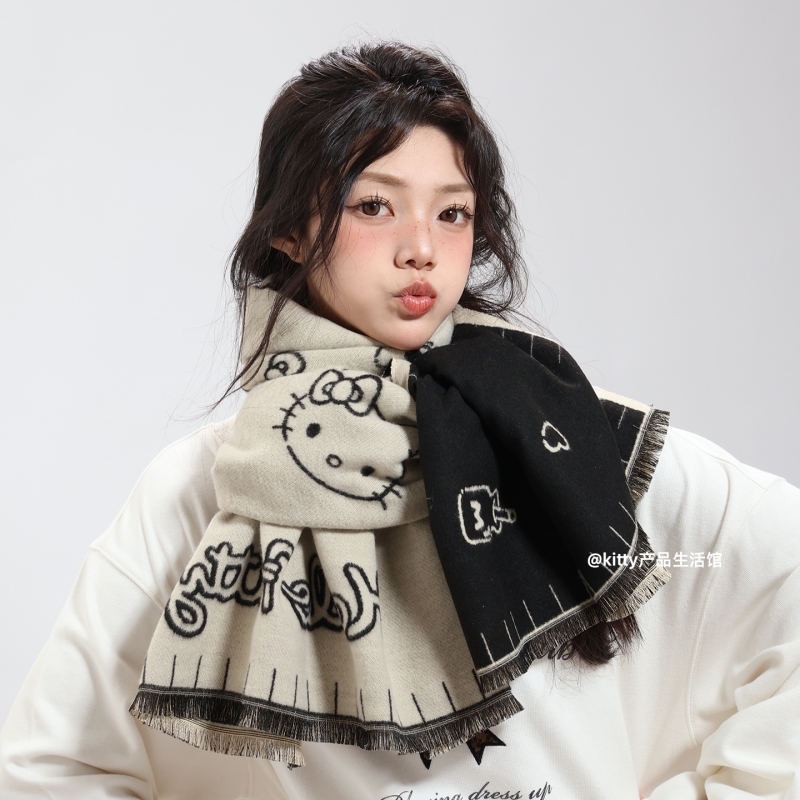 三丽鸥正版凯蒂猫KT双面围巾少女秋冬可爱保暖披肩护围脖加厚红色
