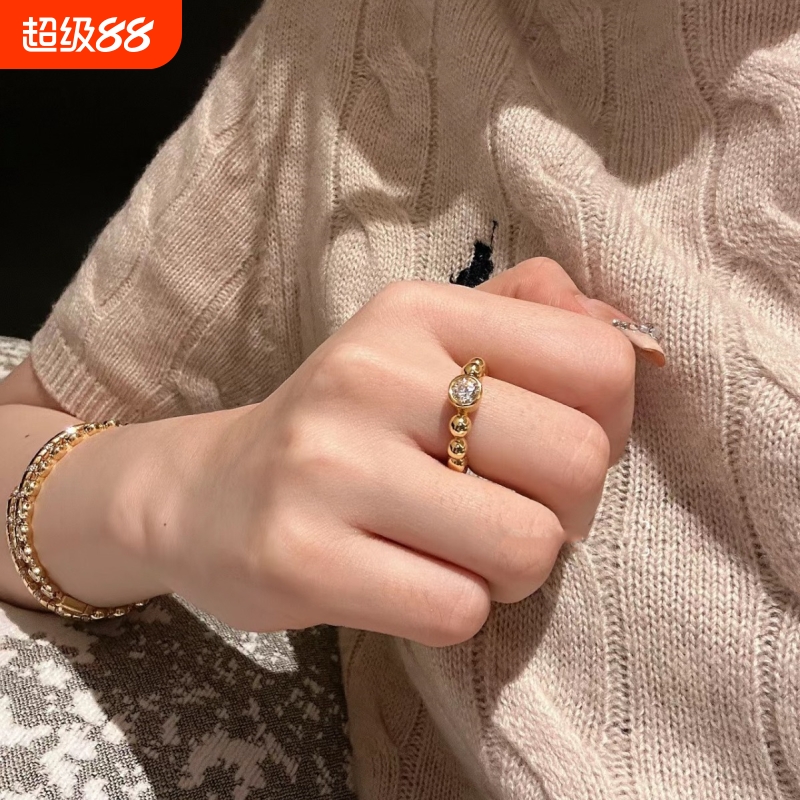 中古复古泡泡戒指女镀18k金法式轻奢小众设计百搭叠戴开口食指戒