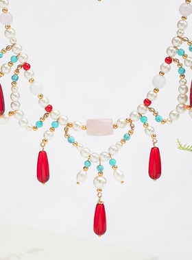 汉服项链软璎珞双层古风璎珞红色国风锁骨链宋制汉元素配饰异域风