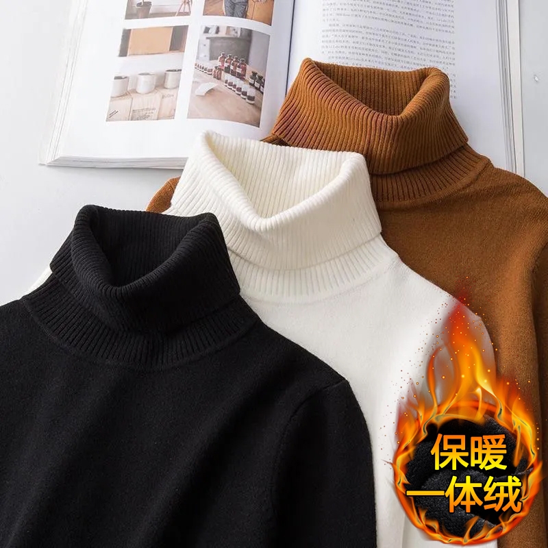 (一体绒)商务大码毛衣男冬季高领纯色加绒加厚保暖针织打底毛线衫
