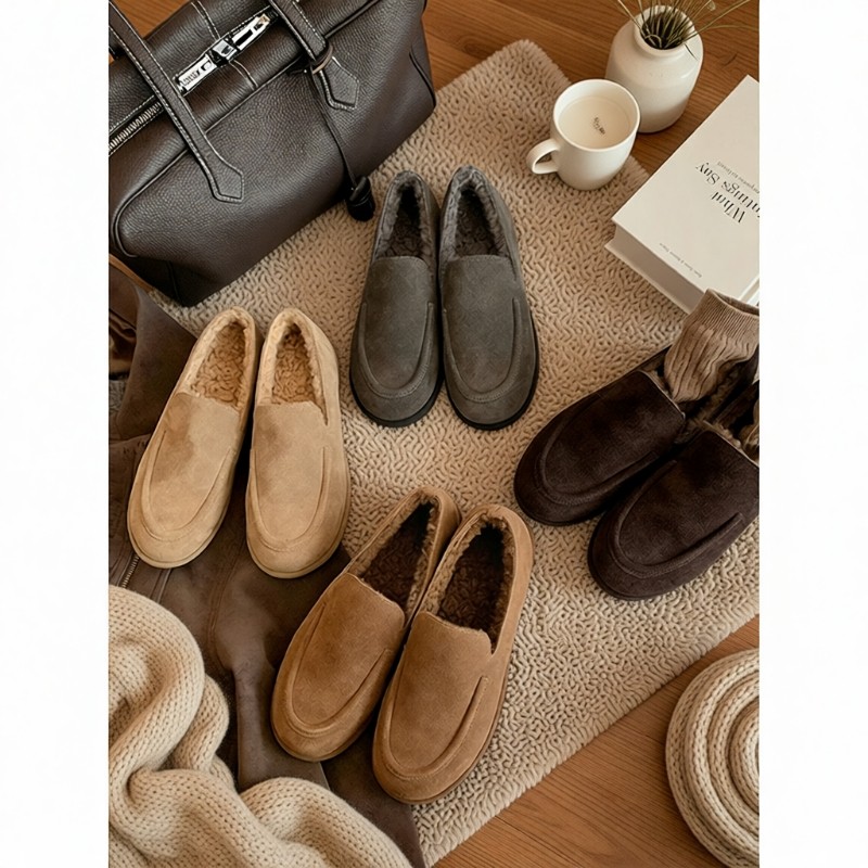 牛皮版~真皮乐福鞋女秋冬一脚蹬加绒毛毛豆豆鞋灰色毛绒平底圆头