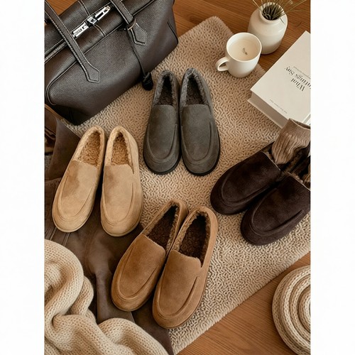 牛皮版~真皮乐福鞋女秋冬一脚蹬加绒毛毛豆豆鞋灰色毛绒平底圆头