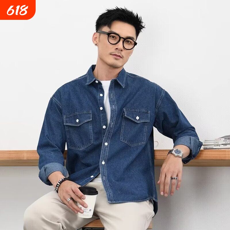 牛仔衬衫男韩版ins宽松帅气长袖衬衣港风外套春秋季寸衫深蓝色