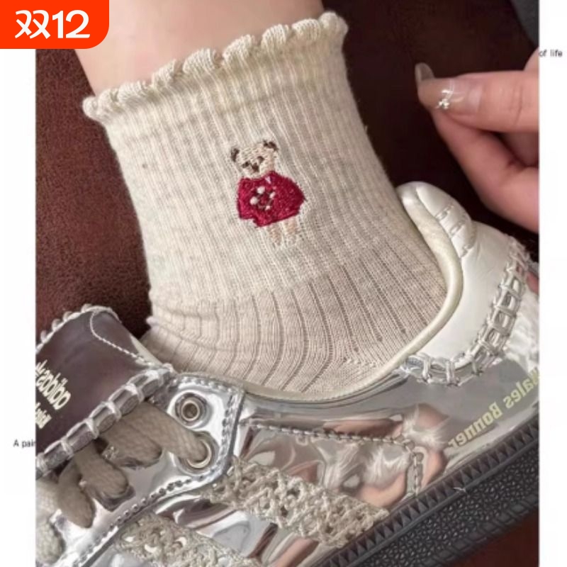 爆款小熊袜子木耳花边蝴蝶结中筒袜纯棉抗菌防臭可爱卡通秋季米色