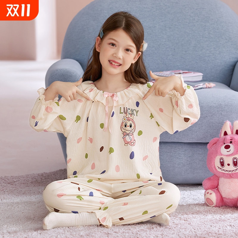 拉布布女童甜美睡衣女孩长袖2025薄款新款春秋季中大童儿童家居服