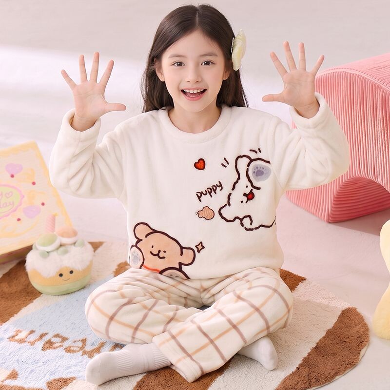 加厚珊瑚绒睡衣女童秋冬季甜美ins可爱卡通女孩休闲家居服套装冬